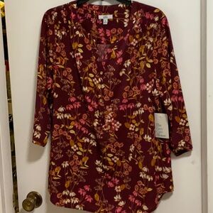 Floral V-Neck Blouse - Burgundy and Pink